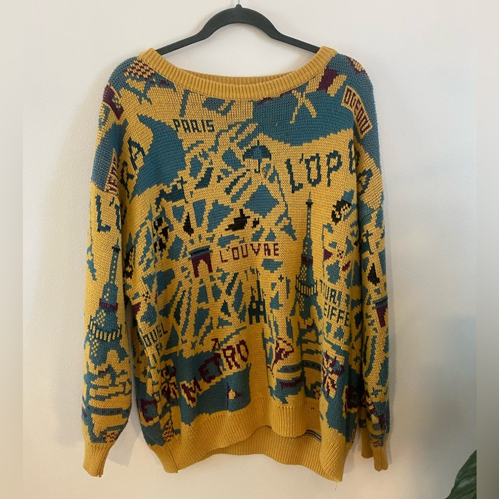 Faded Yellow and Blue "Paris" Intarsia Knit 'US XL' – 1990s